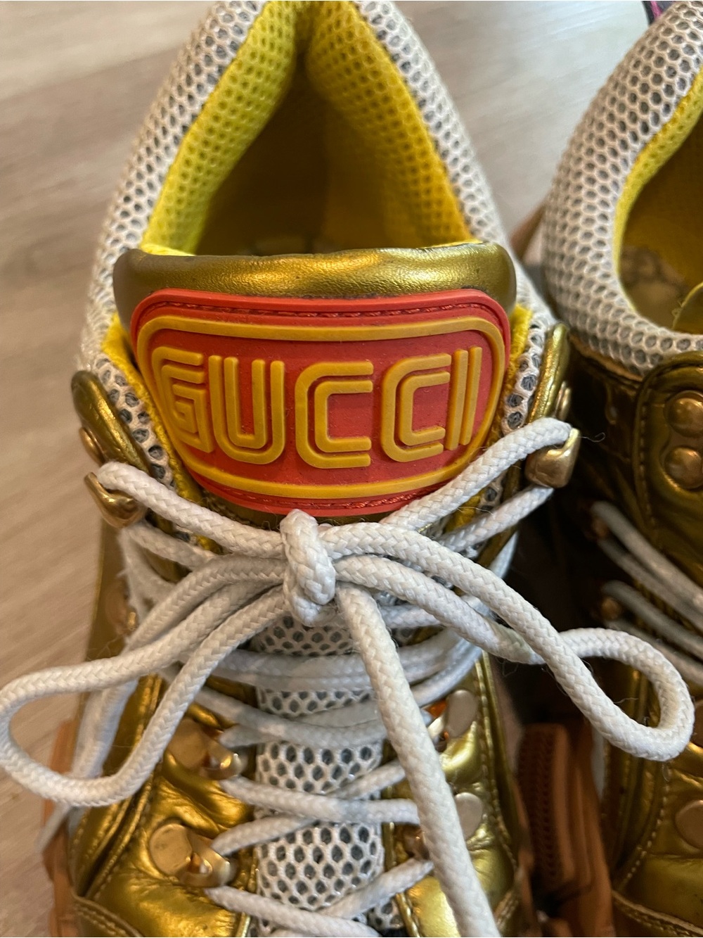 Gucci Metallic Gold, White & Tan Mesh Athletic Sneakers - Picture 12 of 13